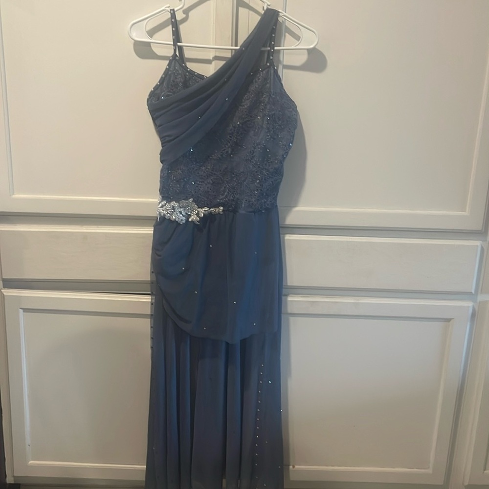 Blue medium adult lyrical costumes with a skirt and rhinestones